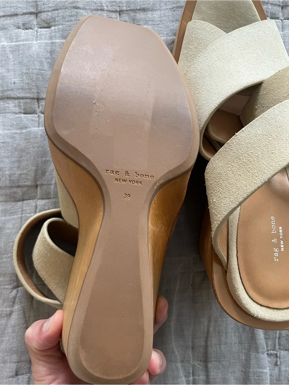 Rag & Bone Santiago Suede Wedge Wrap Sandals in natural, size 8.5 (Eur 39)
